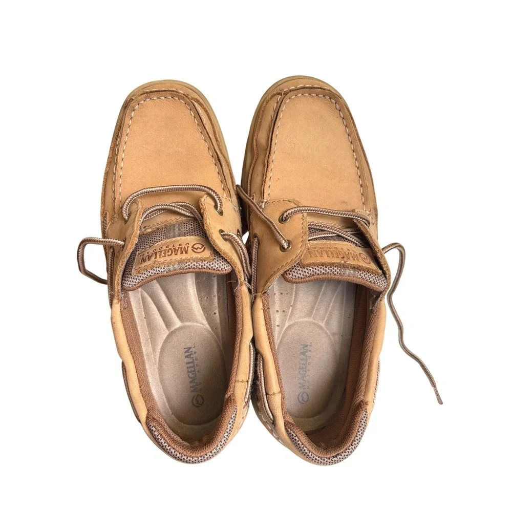 Magellan Outdoors Mens 9.5 Tan Leather Boat Shoes Mesh Loafers FWMFMC2046